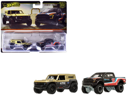 Ford Bronco R Gold Metallic and Black and 2017 Ford F-150 Raptor Pickup Truck #17 Black with Stripes "Car Culture" Set of 2 Cars Diecast Model Cars by Hot Wheels  free shipping USA