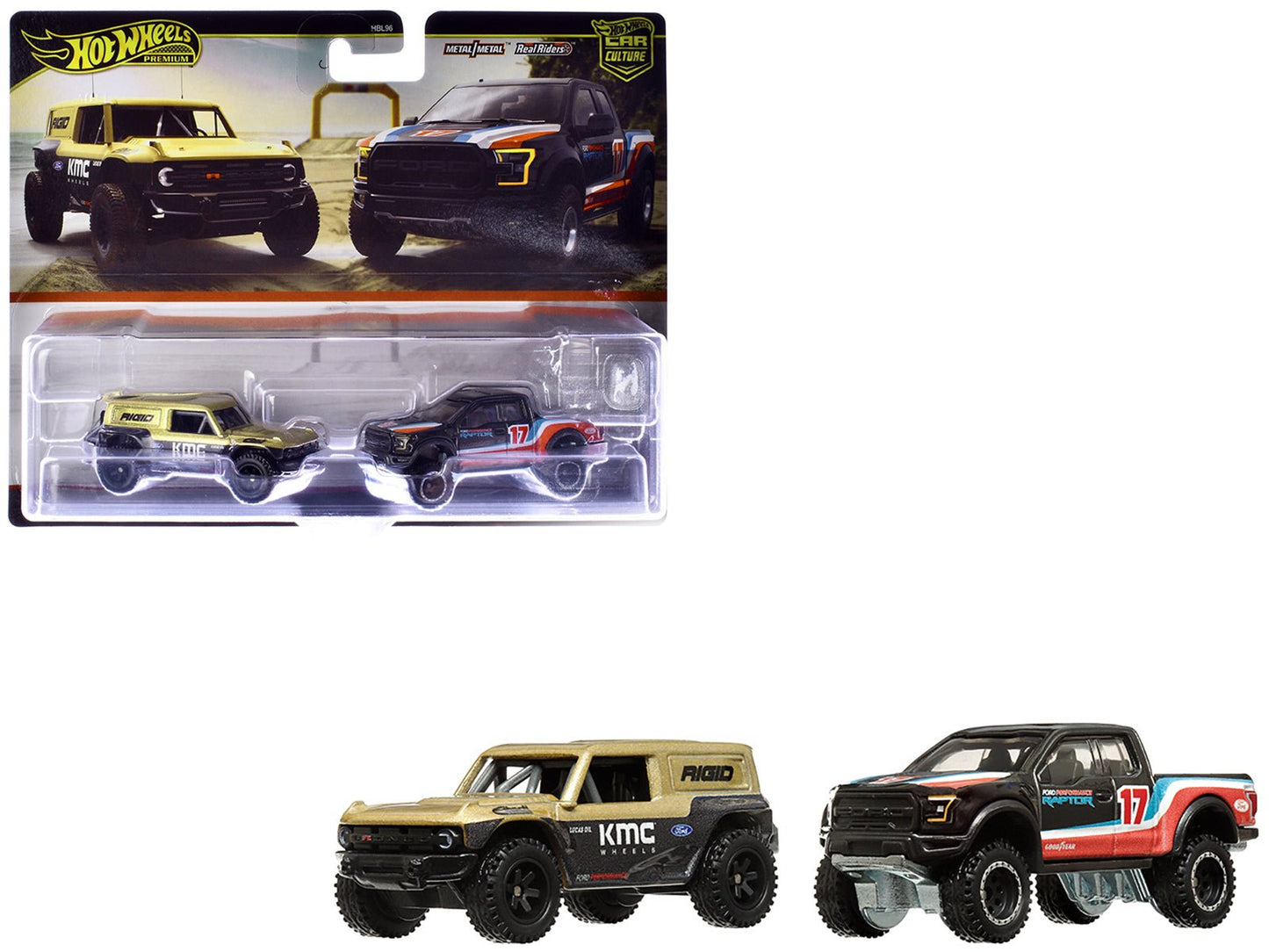 Ford Bronco R Gold Metallic and Black and 2017 Ford F-150 Raptor Pickup Truck #17 Black with Stripes "Car Culture" Set of 2 Cars Diecast Model Cars by Hot Wheels  free shipping USA