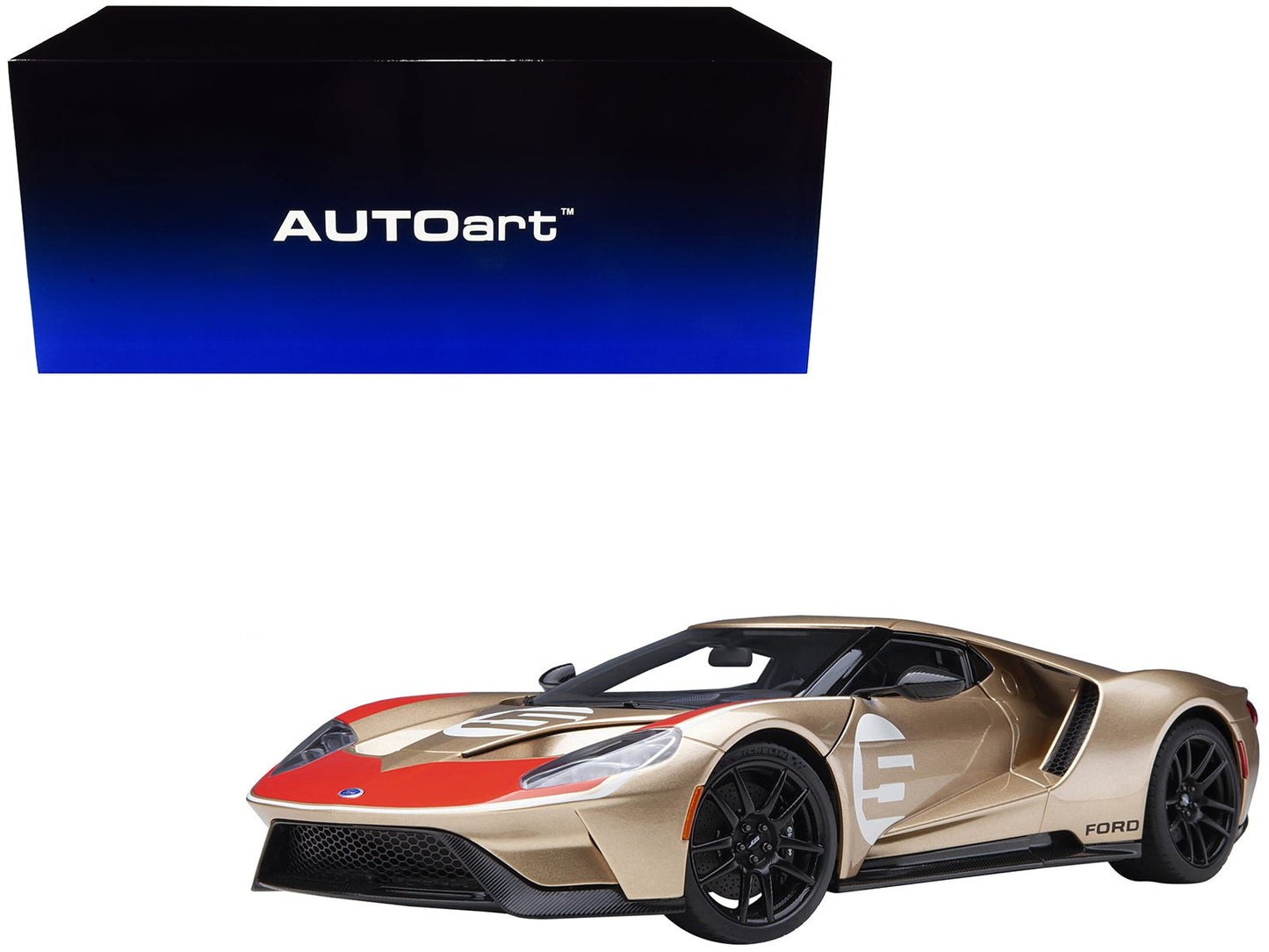 Ford GT Heritage Edition #5 "Holman Moody" Gold Metallic with Red and White Graphics 1/18 Model Car by Autoart  free shipping USA