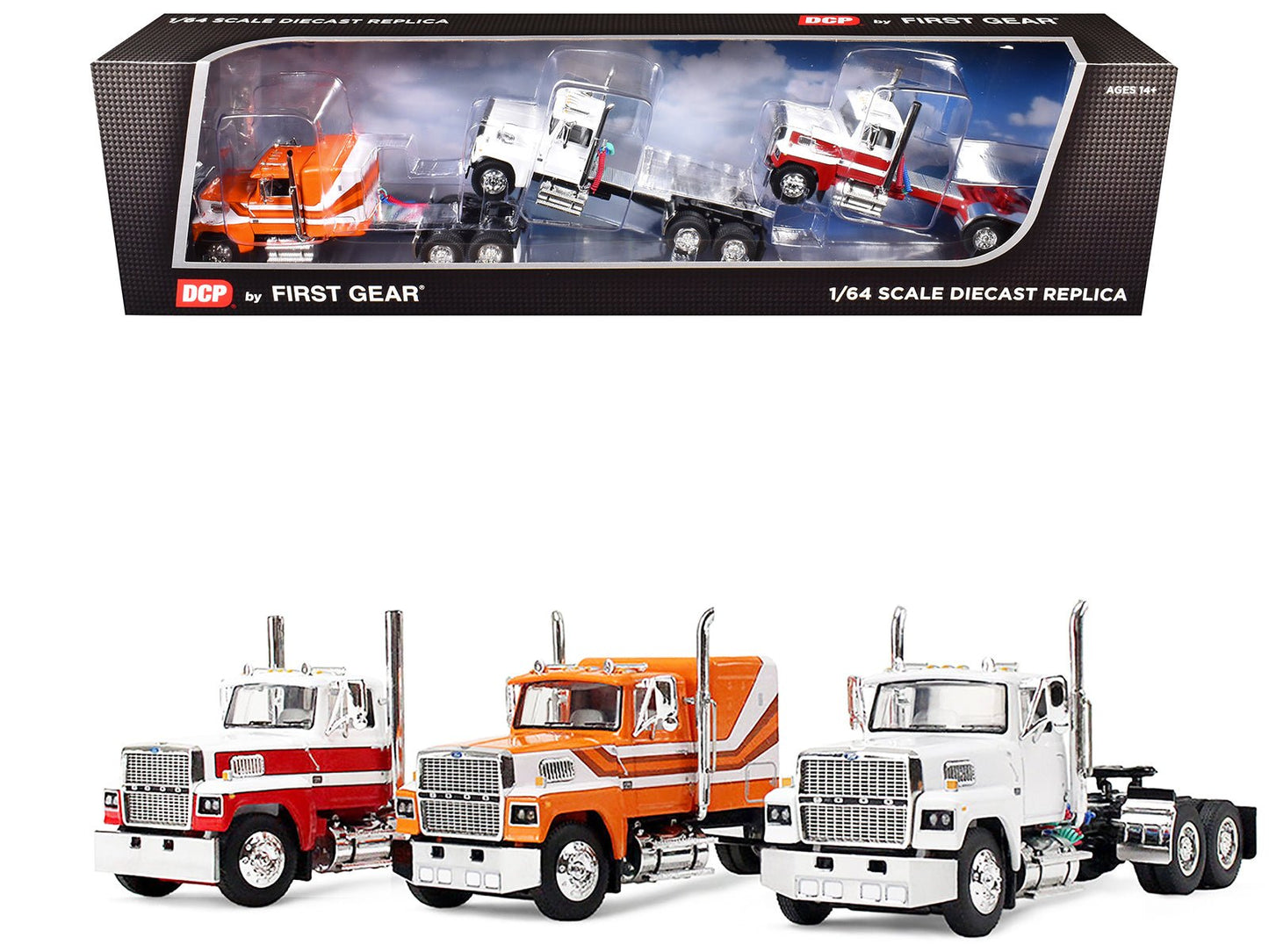 Ford LTL 9000 Trio Set (Two Day Cabs and One 60" Flat Top Sleeper) 1/64 Diecast Model by DCP/First Gear  free shipping USA