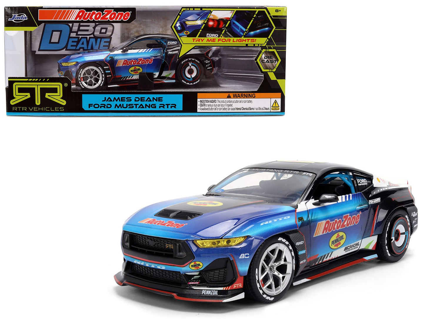 Ford Mustang RTR #130 James Deane "AutoZone" "Formula Drift PRO Championship" (2025) with Lights "RTR Vehicles" Series 1/24 Diecast Model Car by Jada  free shipping USA