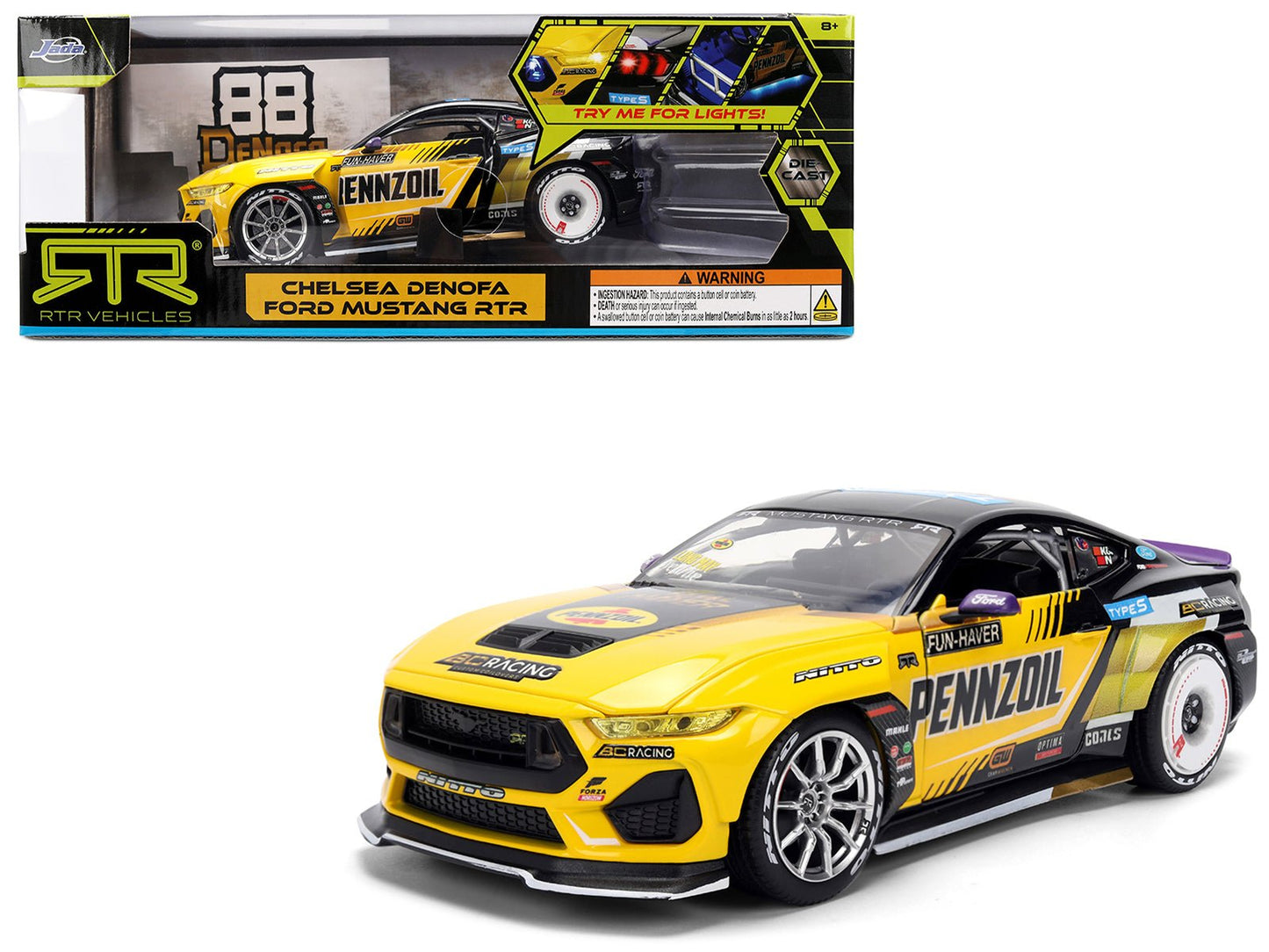 Ford Mustang RTR #88 Chelsea Denofa "Pennzoil" "Formula Drift PRO Championship" (2025) with Lights "RTR Vehicles" Series 1/24 Diecast Model Car by Jada  free shipping USA