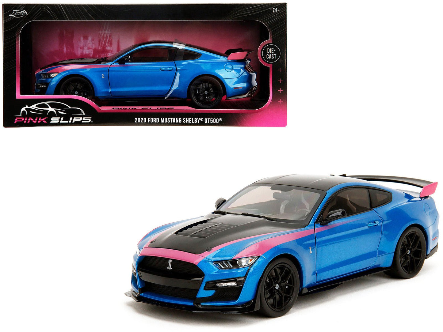Ford Mustang Shelby GT500 Blue Metallic with Pink Stripes and Black Hood and Top "Pink Slips" Series 1/18 Diecast Model Car by Jada  free shipping USA