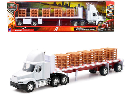 Freightliner Century Class S/T Flatbed Truck White with Pallet Accessories "Long Haul Trucker" Series 1/32 Diecast Model by New Ray  free shipping USA