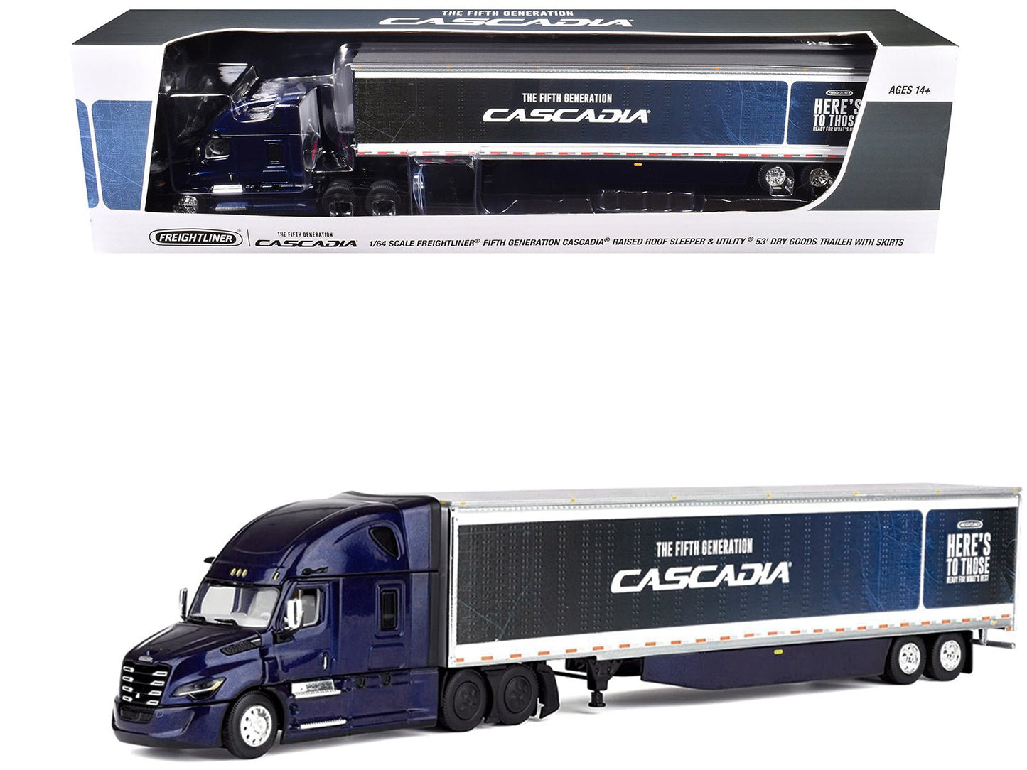 Freightliner Fifth Generation Cascadia Raised Roof Sleeper & 53' Utility Trailer with Skirts Midnight Blue 1/64 Diecast Model by DCP/First Gear  free shipping USA