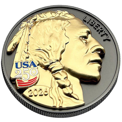 3D American Buffalo Indian Head Tribute Coin With USA 250 Privy Mark (Black Ruthenium & 24k Gold)