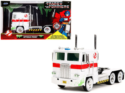 G1 Autobot Optimus Prime Truck White with Robot on Chassis from "Transformers" TV Series - "Ghostbusters" (1984) Movie Crossover "Hollywood Rides" Series 1/24 Diecast Model by Jada  free shipping USA