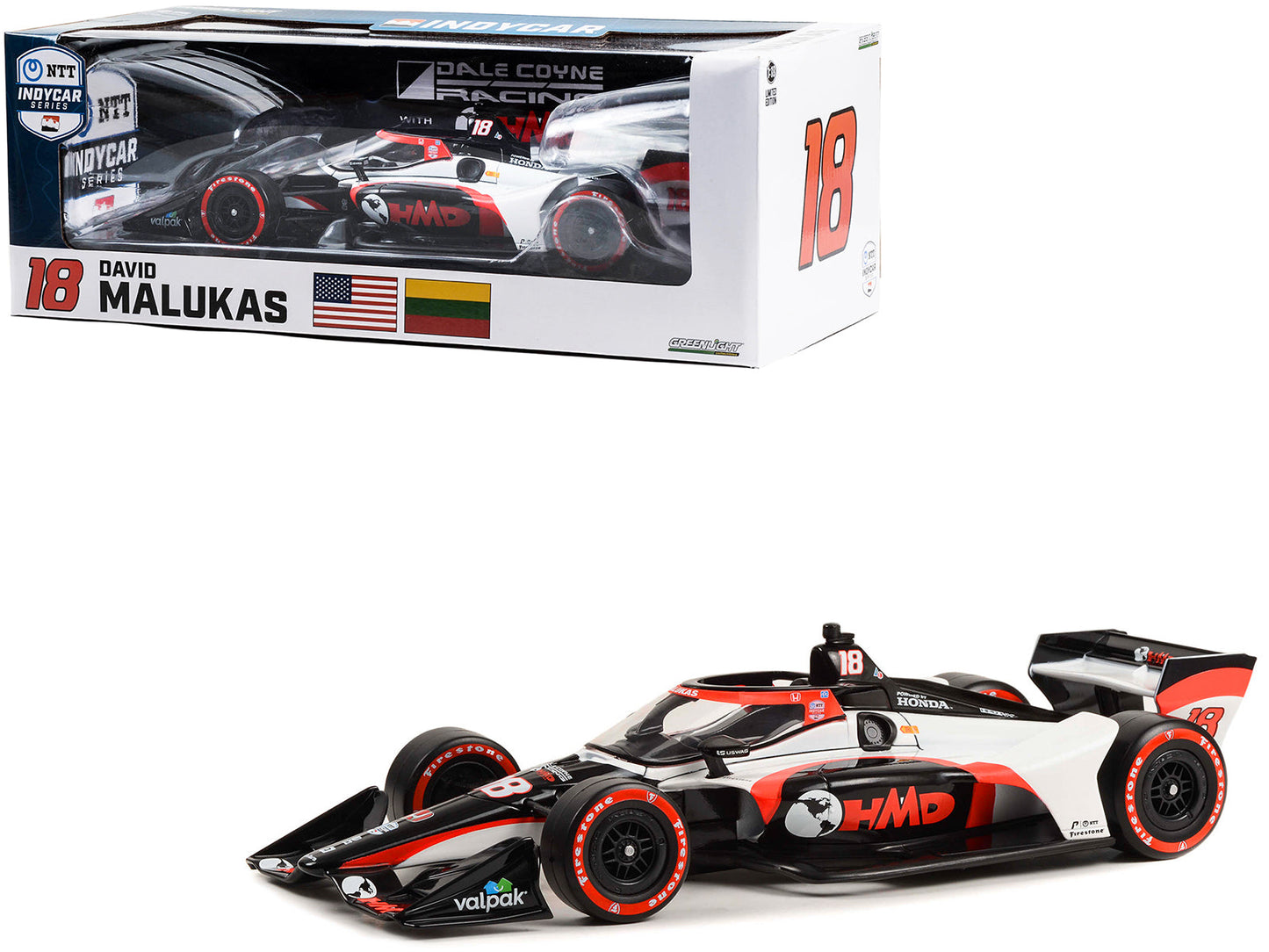 Dallara IndyCar #18 David Malukas "HMD Trucking" Dale Coyne Racing with HMD Motorsports (Road Course Configuration) "NTT IndyCar Series" (2023) 1/18 Diecast Model Car by Greenlight  free shipping USA