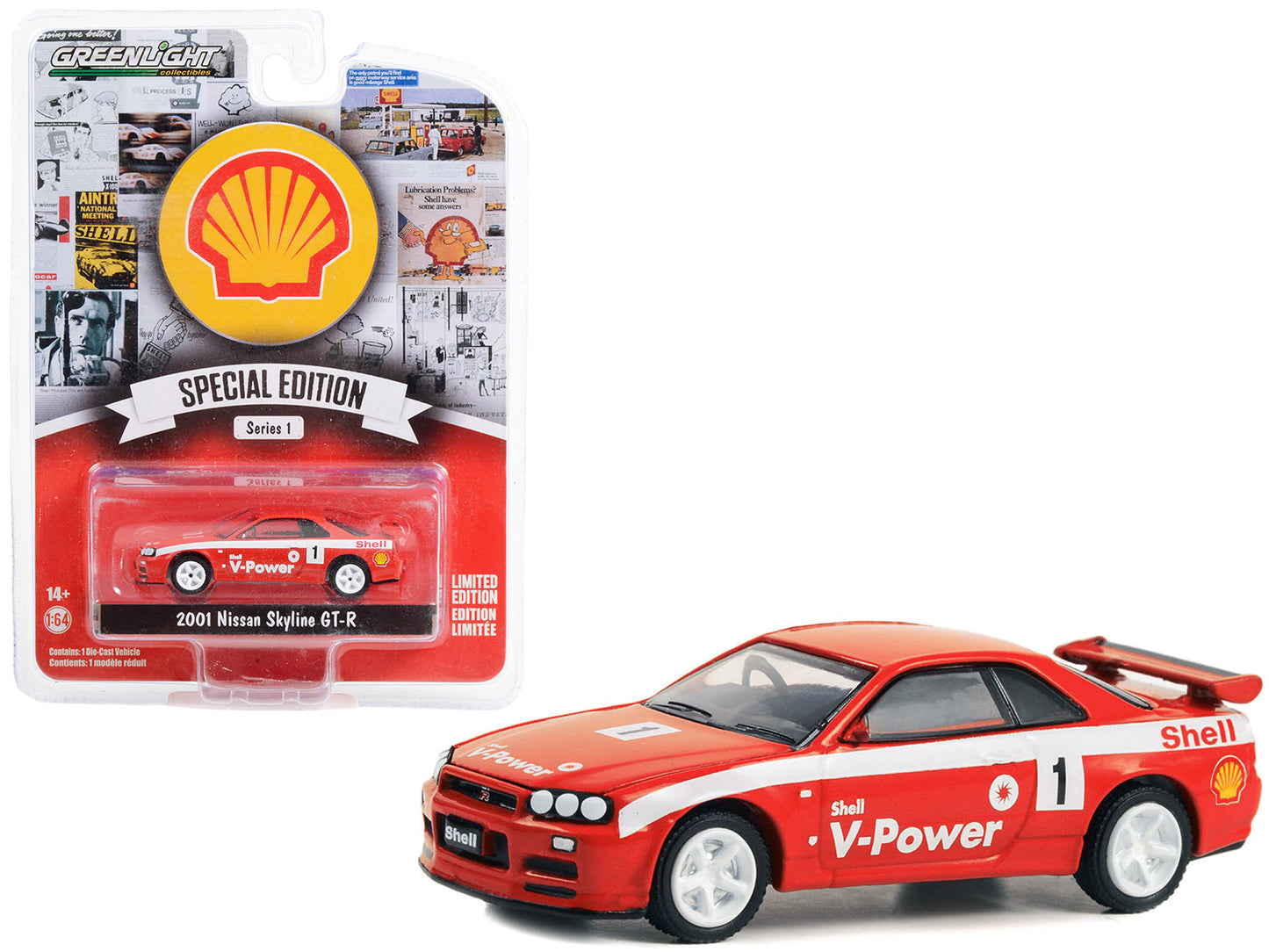 2001 Nissan Skyline GT-R (R34) #1 Red with White Stripes "Shell Racing" "Shell Oil Special Edition" Series 1 1/64 Diecast Model Car by Greenlight  free shipping USA