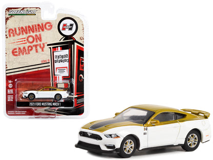 2021 Ford Mustang Mach 1 White and Gold with Black Stripe "Hurst Performance" "Running on Empty" Series 15 1/64 Diecast Model Car by Greenlight  free shipping USA