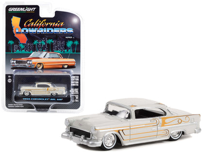 1955 Chevrolet Bel Air Custom Light Gray Metallic and Gold Graphics "California Lowriders" Series 2 1/64 Diecast Model Car by Greenlight  free shipping USA