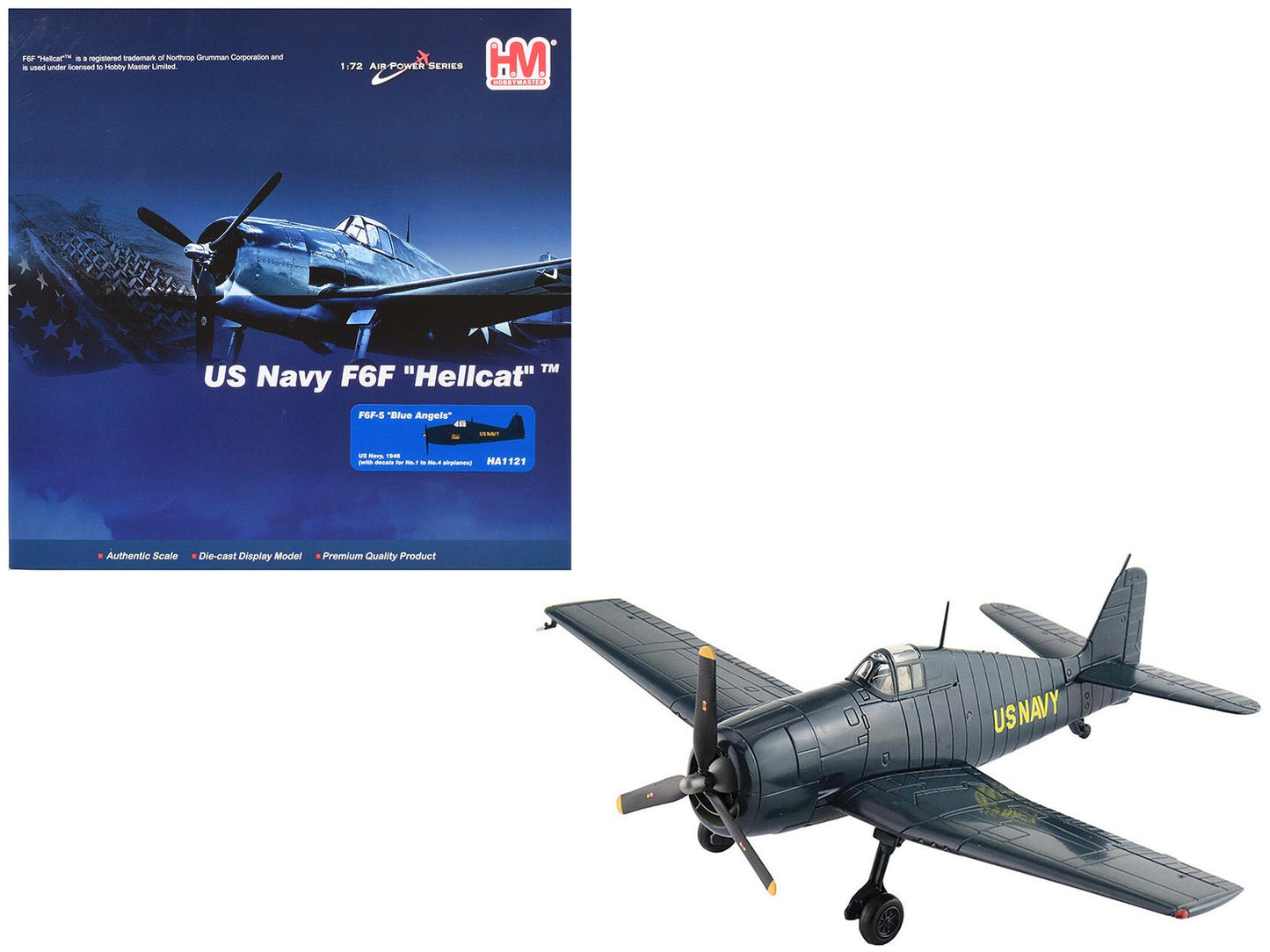 Grumman F6F-5 Hellcat Fighter Aircraft "Blue Angels #1-4 Decals" (1946) United States Navy "Air Power Series" 1/72 Diecast Model by Hobby Master  free shipping USA