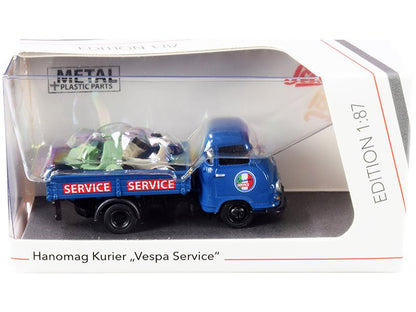 Hanomag Kurier Transporter "Vespa Service" Blue with 2 Vespas (Green and Cream) 1/87 (HO) Diecast Models by Schuco  free shipping USA