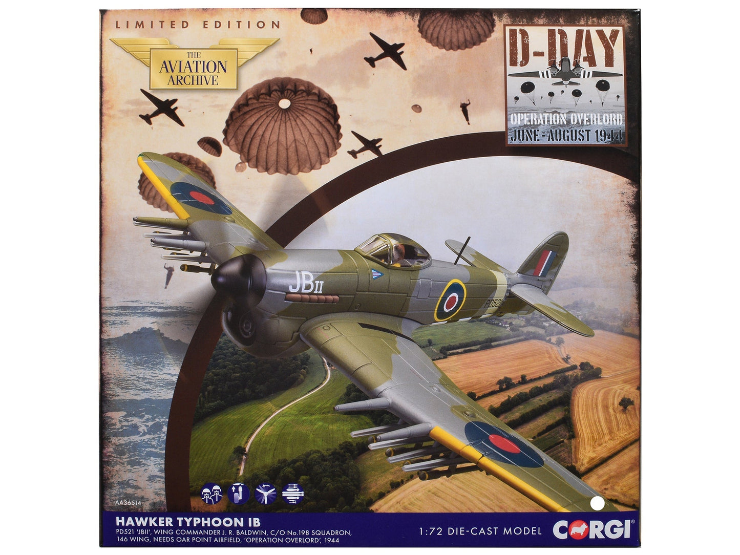 Hawker Typhoon IB Fighter-Bomber Aircraft "JB II No. 198 Squadron 146 Wing" (1944) British Royal Air Force "The Aviation Archive" Series 1/72 Diecast Model by Corgi  free shipping USA