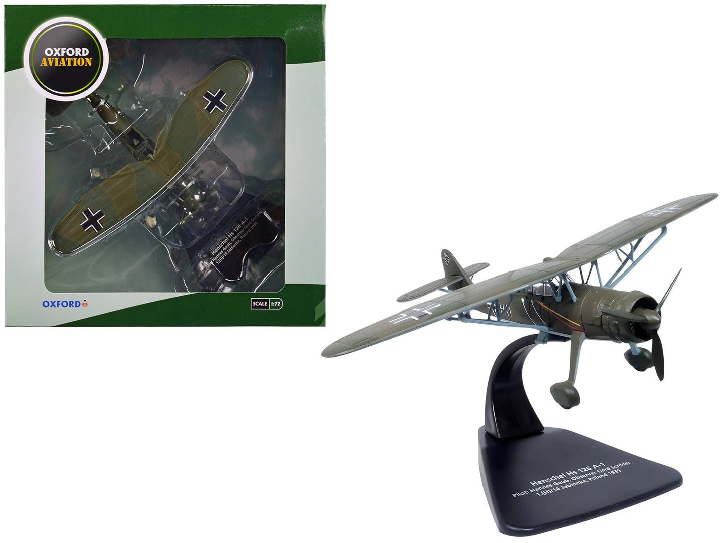 Henschel Hs 126 A-1 Reconnaissance Aircraft "Hannes Gaub Gerd Scroder 1.(H)/14 Invasion of Poland" (1939) German Luftwaffe "Oxford Aviation" Series 1/72 Diecast Model Airplane by Oxford Diecast  free shipping USA