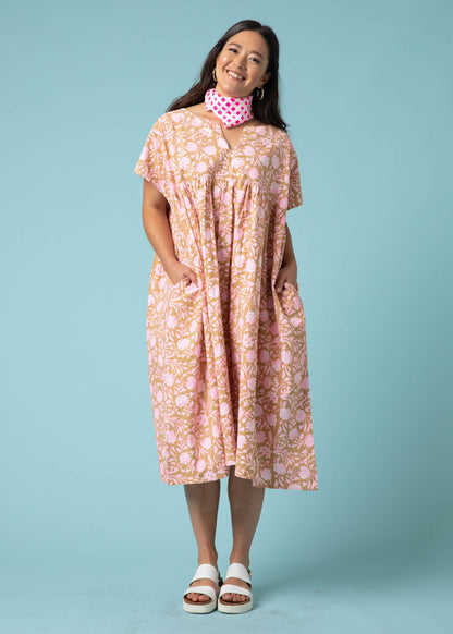 Meadow Dress - Floral Escape in Baked Clay & Neon Pink by And For Good