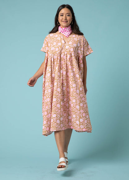 Meadow Dress - Floral Escape in Baked Clay & Neon Pink by And For Good
