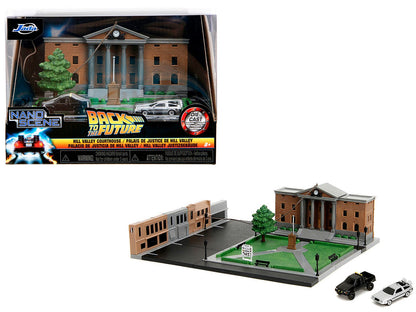 Hill Valley Courthouse Diorama with Black Pickup Truck and Delorean "Back to the Future" (1985) Movie "Nano Scene" Series Model by Jada  free shipping USA