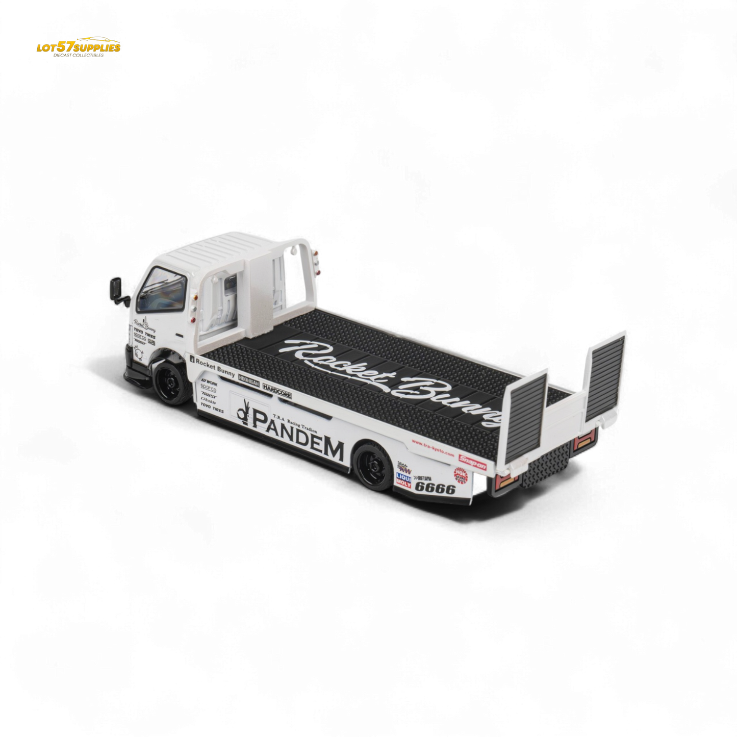 MicroTurbo HINO 300 Flat Bed Transport Truck in Pandem Rocket Bunny White 1:64