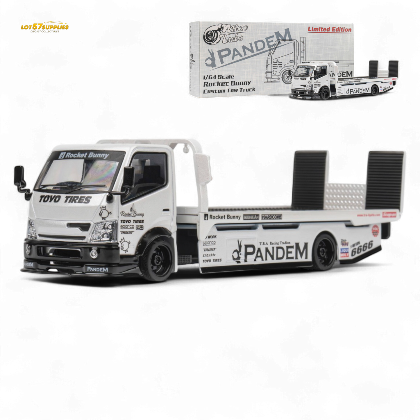 MicroTurbo HINO 300 Flat Bed Transport Truck in Pandem Rocket Bunny White 1:64