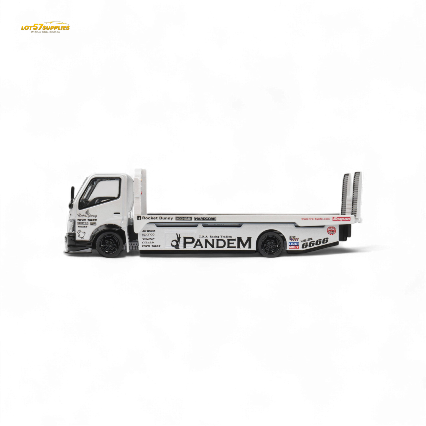 MicroTurbo HINO 300 Flat Bed Transport Truck in Pandem Rocket Bunny White 1:64