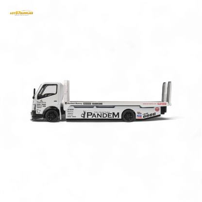 MicroTurbo HINO 300 Flat Bed Transport Truck in Pandem Rocket Bunny White 1:64