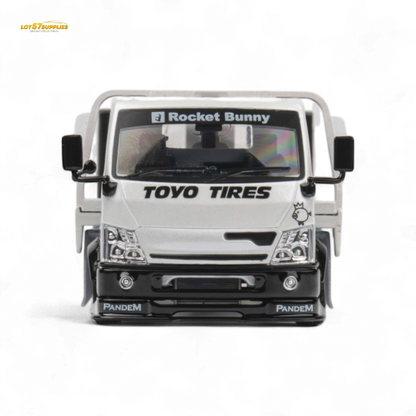 MicroTurbo HINO 300 Flat Bed Transport Truck in Pandem Rocket Bunny White 1:64