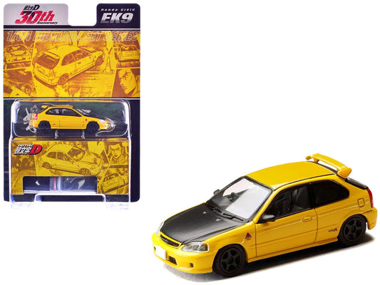 Honda Civic (EK9) RHD (Right Hand Drive) Yellow with Carbon Hood "Initial D" (1995-2013) Manga "Diorama Set Series" 1/64 Diecast Model car by Hobby Japan  free shipping USA