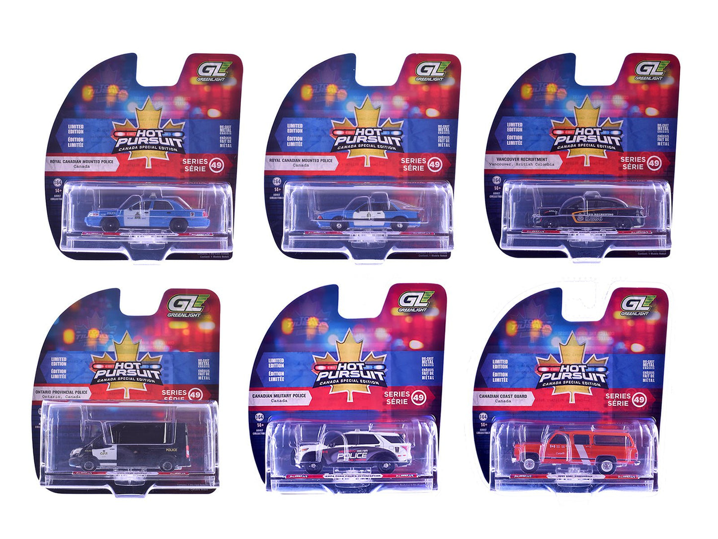 "Hot Pursuit - Canada Special Edition" Set of 6 Police Cars 1/64 Diecast Model Cars by Greenlight  free shipping USA