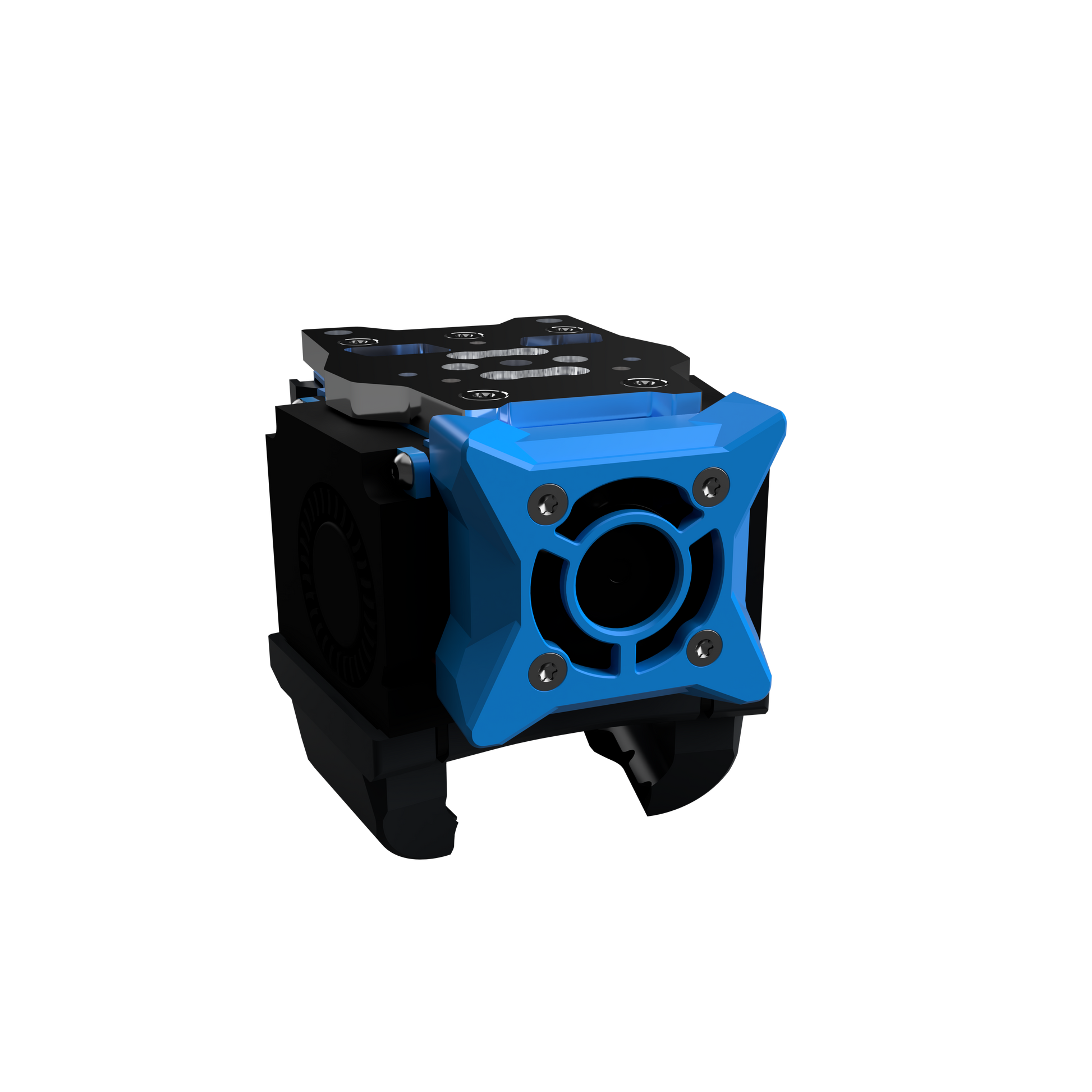 Blue and black mechanical component on a white background