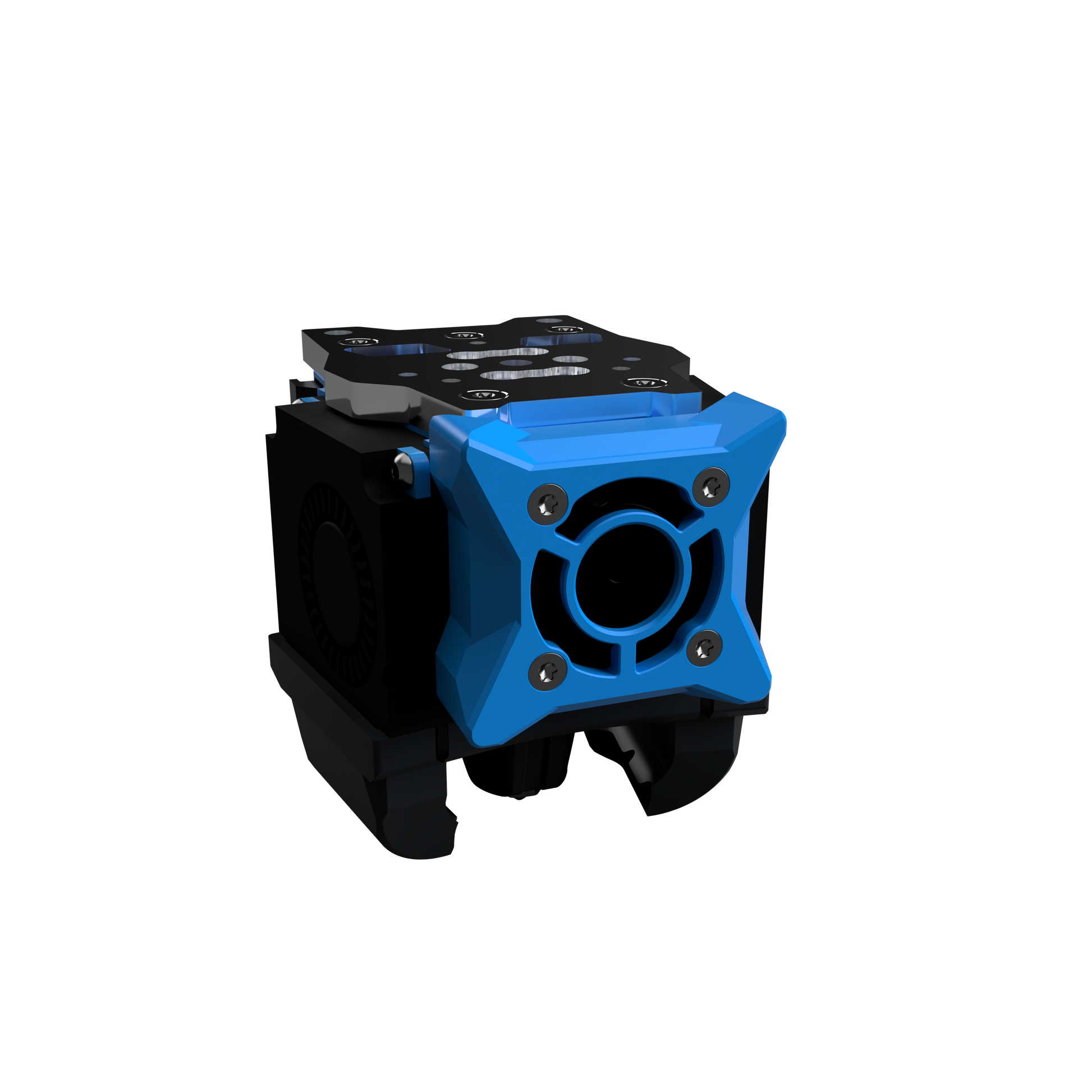 Blue and black mechanical component on a white background