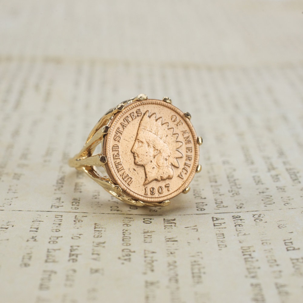 Vintage Ring Indian Head Penny Ring Antique 18k Gold Edwardian Style Handcrafted Coin Jewelry #R137 by PVD Vintage Jewelry