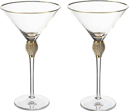 Diamond Collection 2 Piece Stemmed Martini Set - Rhinestone For Drinking Martinis, Manhattans, Vodka, Gin, Cocktails Gold Accent Cocktail Glasses, Perfect For Any Bar or Party 10oz - Swarovski Style by The Wine Savant
