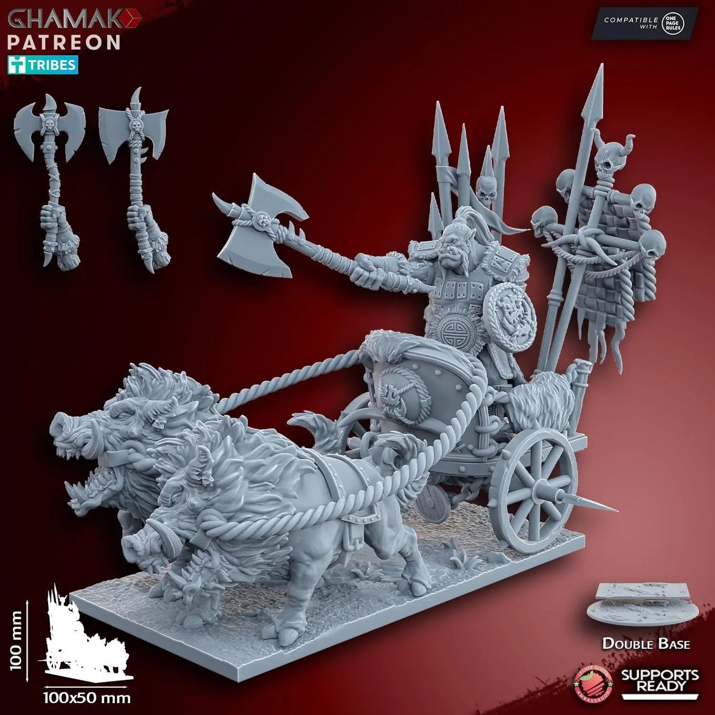 Orc Chieftain on Wild Boar Chariot by Ghamak Fantasy 28/32mm Scale Miniature, 100mm x 100mm, Vehicle