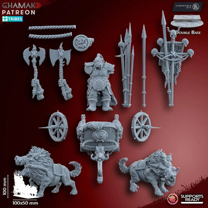 Orc Chieftain on Wild Boar Chariot by Ghamak Fantasy 28/32mm Scale Miniature, 100mm x 100mm, Vehicle