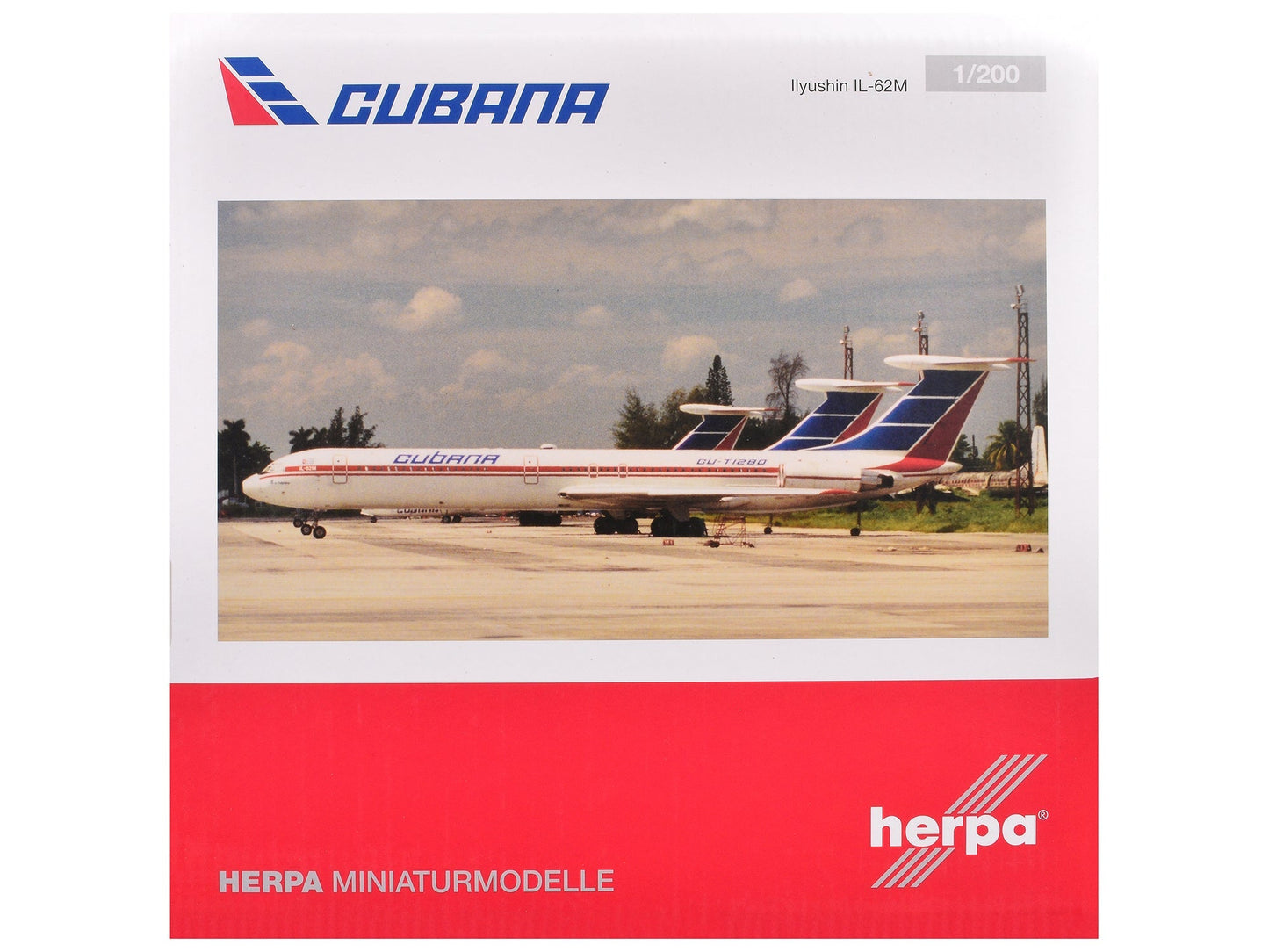 Ilyushin IL-62M Commercial Aircraft "Cubana de Aviacion" (T1280) White with Blue and Red Tail 1/200 Diecast Model Airplane by Herpa  free shipping USA