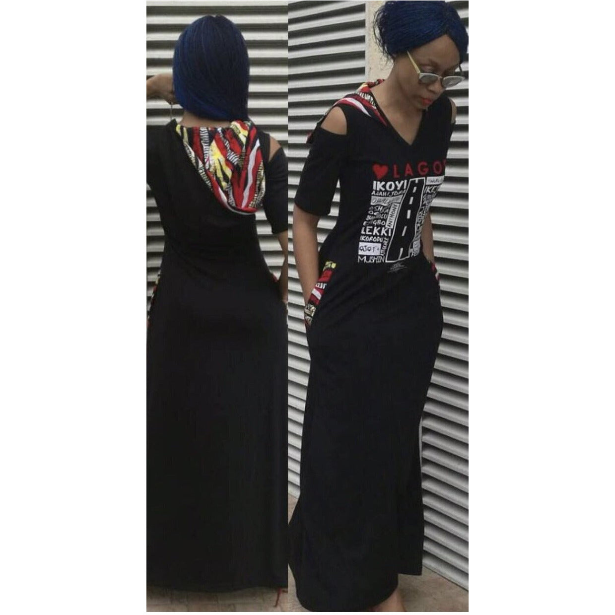 MAXI LOVE LAGOS HOODED DRESS, ANKARA DETAIL by KIKIKAMANUInc