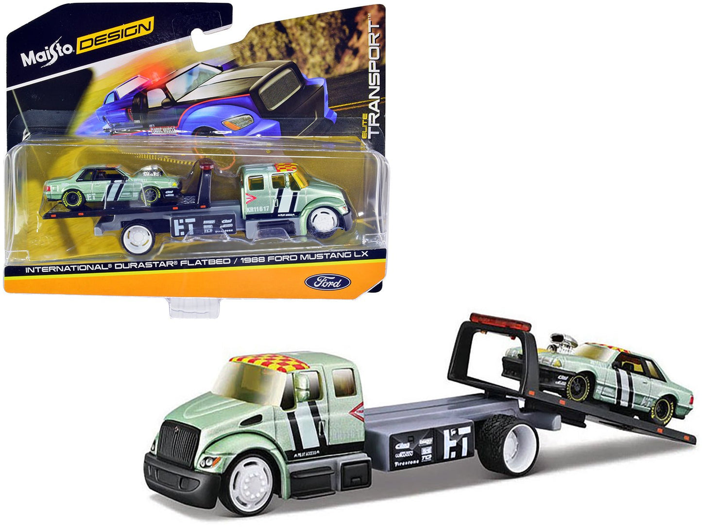International DuraStar Flatbed Truck #17 and 1988 Ford Mustang LX #17 Light Green Metallic with Stripes and Graphics "Elite Transport" Series 1/64 Diecast Models by Maisto  free shipping USA