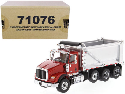 International HX620 Tandem Axle with Pusher Axle OX Stampede Dump Truck Red and Chrome "Transport Series" 1/50 Diecast Model by Diecast Masters  free shipping USA