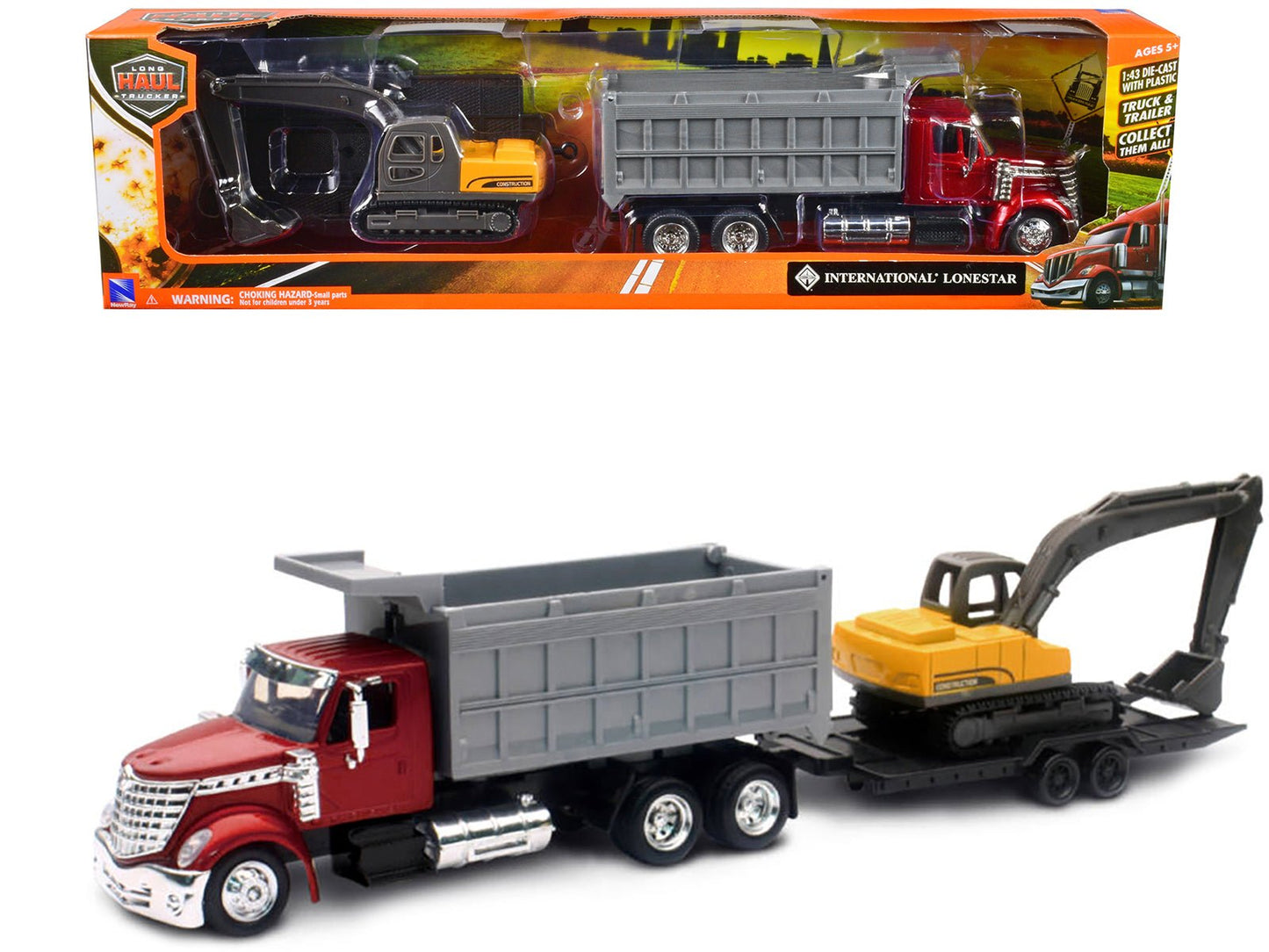 International Lonestar Dump Truck Red and Tracked Excavator Yellow with Flatbed Trailer "Long Haul Truckers" Series 1/43 Diecast Model by New Ray  free shipping USA