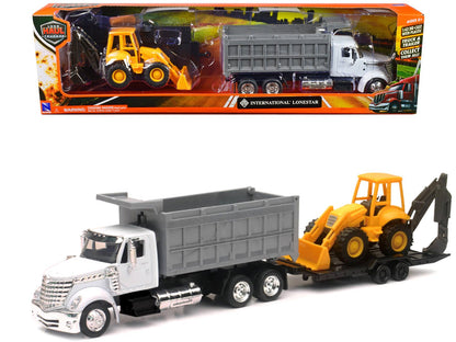 International Lonestar Dump Truck White and Wheel Loader Yellow with Flatbed Trailer "Long Haul Truckers" Series 1/43 Diecast Model by New Ray  free shipping USA