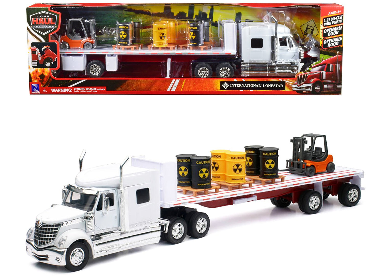 International Lonestar Flatbed Truck White with 6 Toxic Barrels 3 Pallets and Forklift "Long Haul Trucker" Series 1/32 Diecast Model by New Ray  free shipping USA