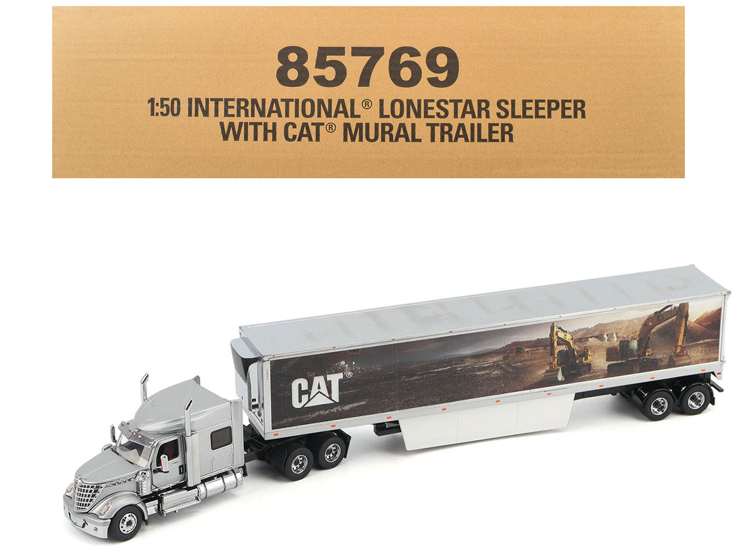 International Lonestar Truck with Sleeper Silver Metallic with "CAT Caterpillar" Mural Trailer "Transport Series" 1/50 Diecast Model by Diecast Masters  free shipping USA