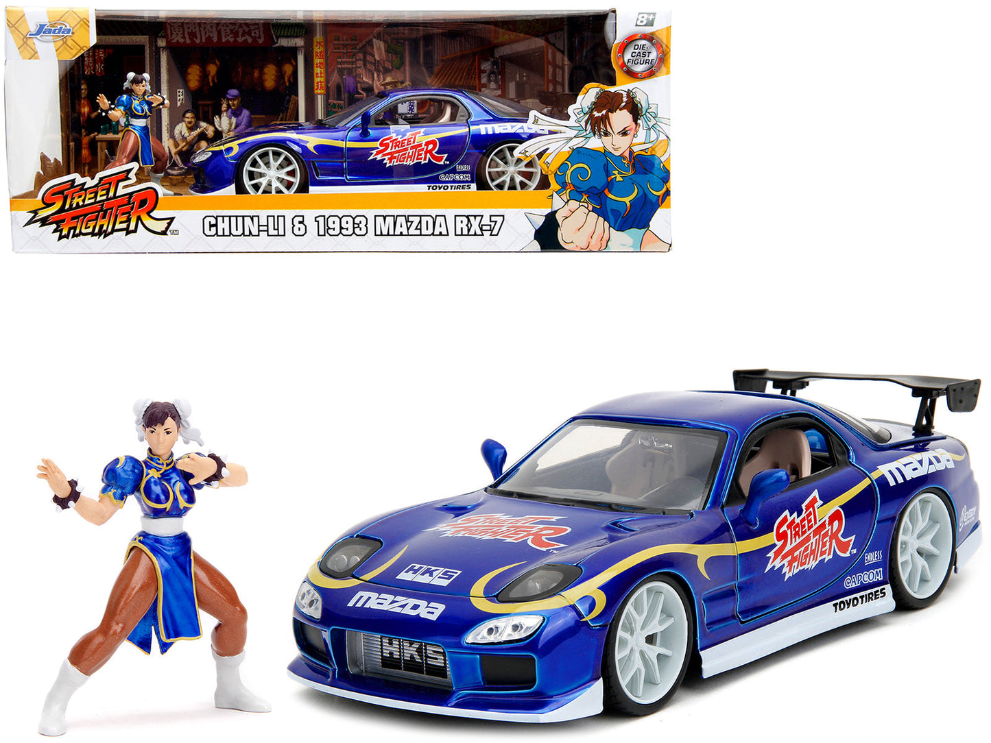 1993 Mazda RX-7 Candy Blue Metallic with Graphics and Chun-Li Diecast Figure "Street Fighter" Video Game "Anime Hollywood Rides" Series 1/24 Diecast Model Car by Jada  free shipping USA