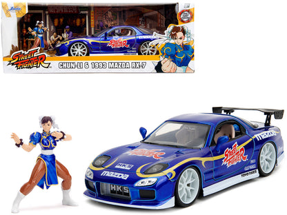 1993 Mazda RX-7 Candy Blue Metallic with Graphics and Chun-Li Diecast Figure "Street Fighter" Video Game "Anime Hollywood Rides" Series 1/24 Diecast Model Car by Jada  free shipping USA