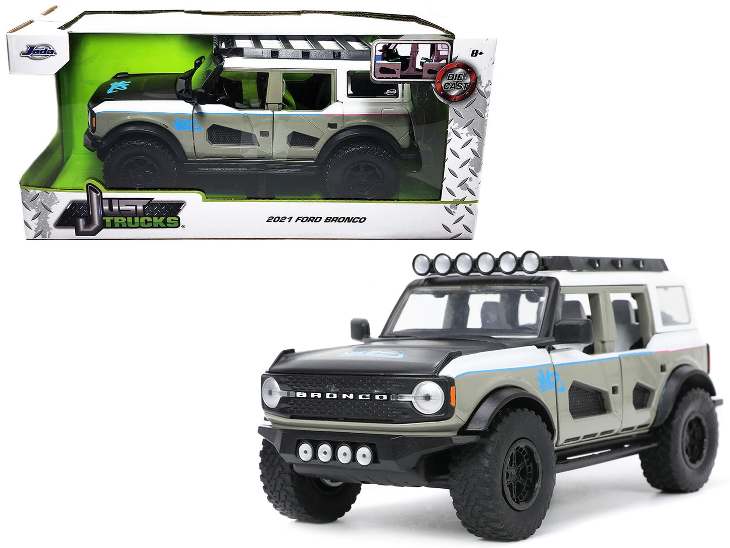 2021 Ford Bronco Gray and White with Matt Black Hood with Roof Rack "M2 Motoring" "Just Trucks" Series 1/24 Diecast Model Car by Jada  free shipping USA