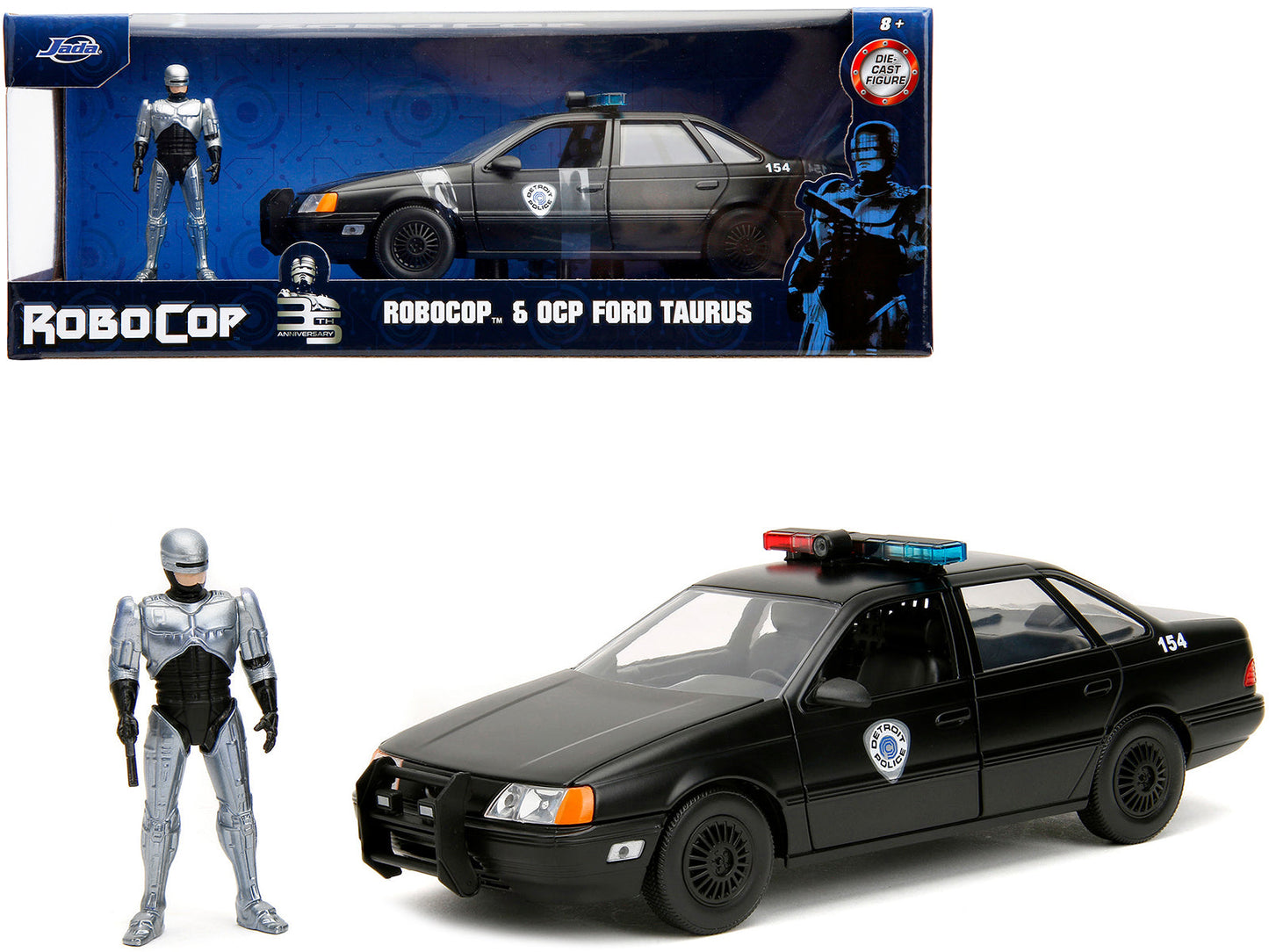 Ford Taurus OCP Matt Black "Detroit Police" and Robocop Diecast Figure 35th Anniversary "Robocop" (1987) Movie "Hollywood Rides" Series 1/24 Diecast Model Car by Jada  free shipping USA