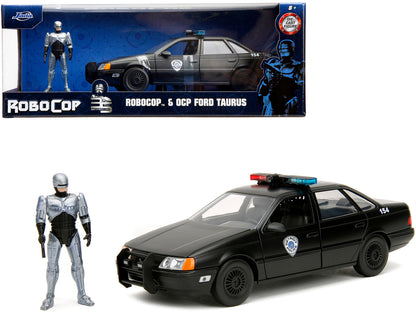 Ford Taurus OCP Matt Black "Detroit Police" and Robocop Diecast Figure 35th Anniversary "Robocop" (1987) Movie "Hollywood Rides" Series 1/24 Diecast Model Car by Jada  free shipping USA