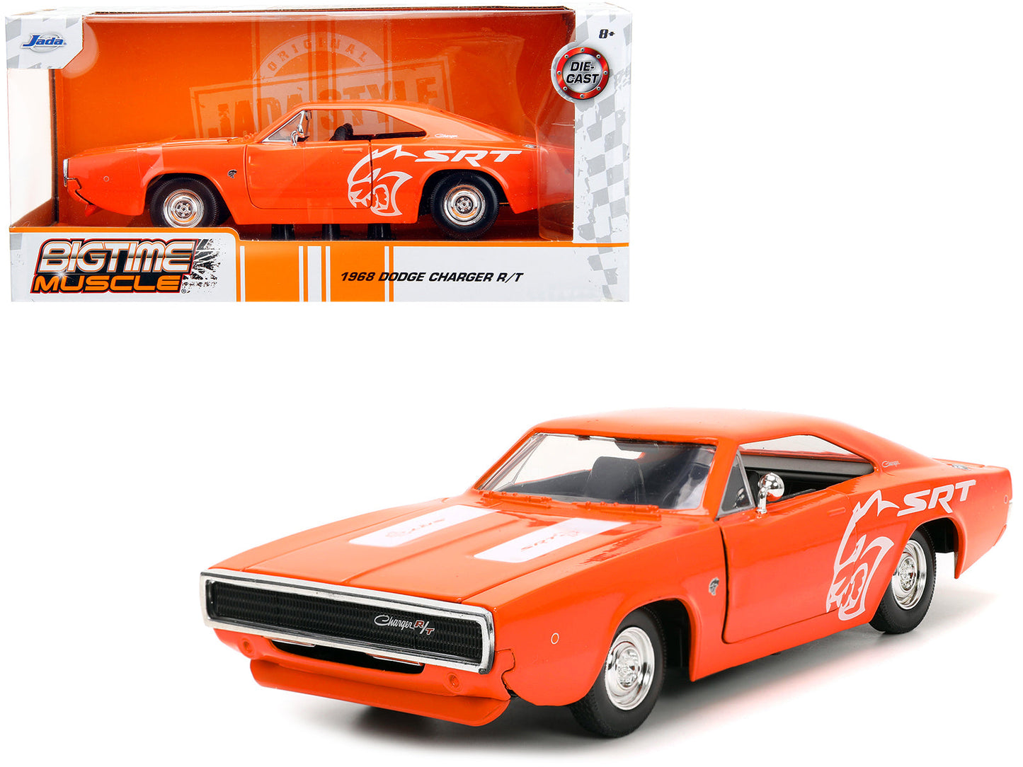 1968 Dodge Charger R/T SRT Orange with White Stripes and Graphics "Bigtime Muscle" Series 1/24 Diecast Model Car by Jada  free shipping USA