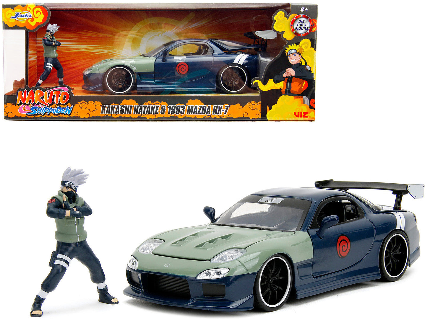 1993 Mazda RX-7 Dark Blue with Green Hood and Kakashi Hatake Diecast Figure "Naruto Shippuden" (2009-2017) TV Series "Anime Hollywood Rides" Series 1/24 Diecast Model Car by Jada  free shipping USA
